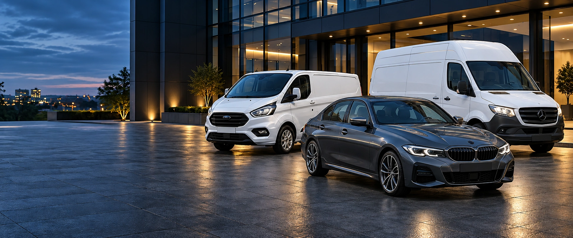 Illustration of an executive car and two plain white commercial vans outside a modern business building